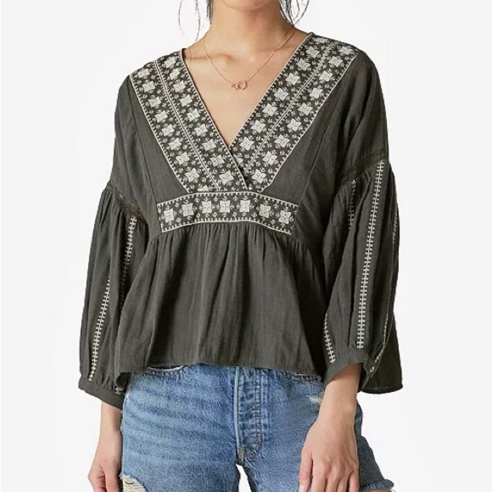 Lucky Brand Green Flutter Sleeve Blouse with Embellished Details